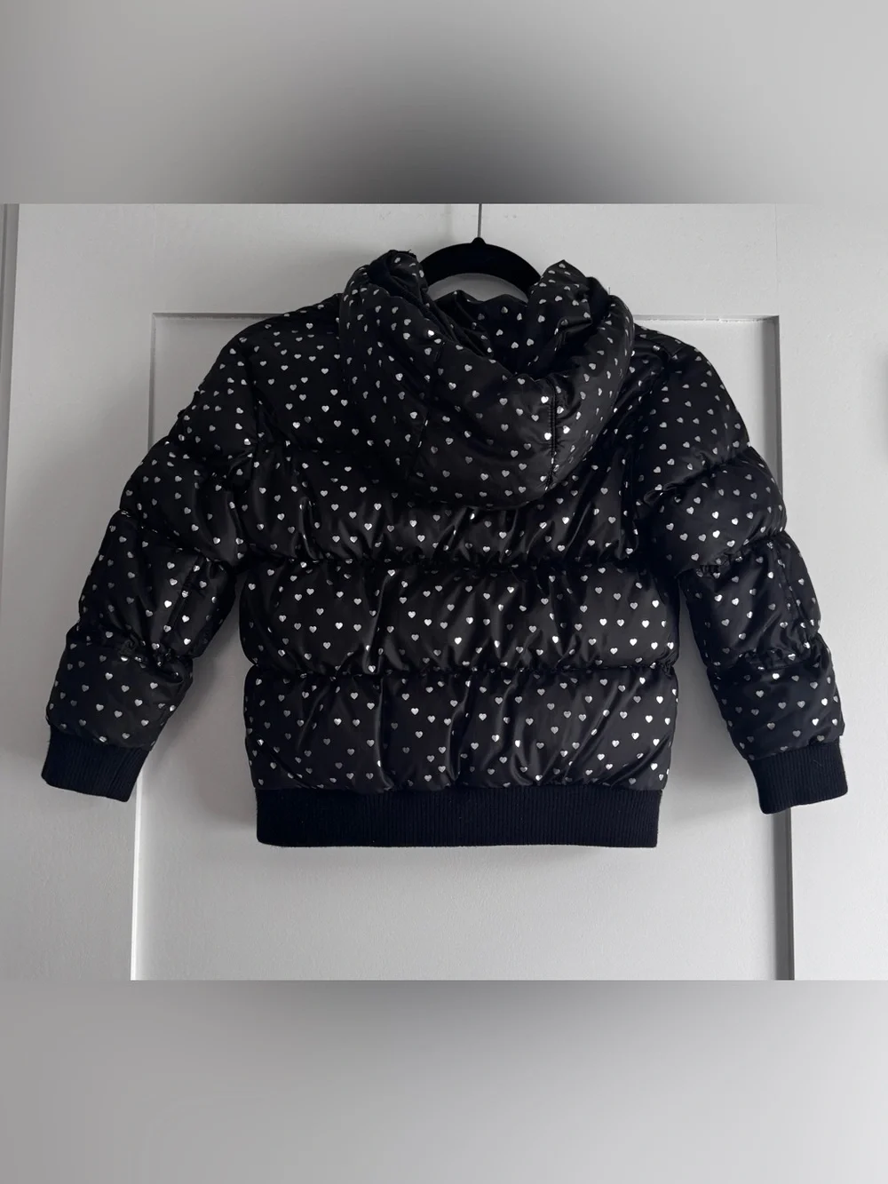 Appaman Girls Hearts Puffy Coat Size 6 Black Silver Down Puffer Jacket Hooded